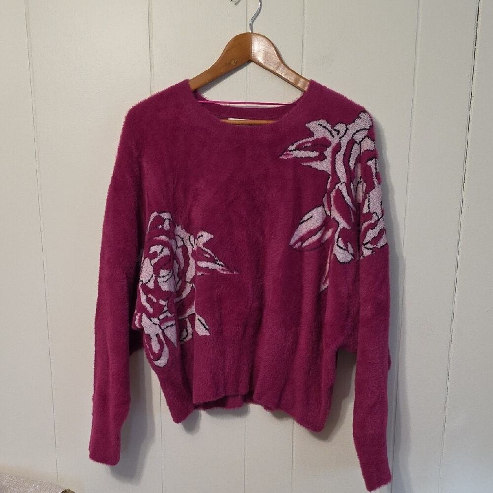 Anthro Calligraphie Fuzzy Pink White Fuzzy Floral Sweater Womens XL Coquette
